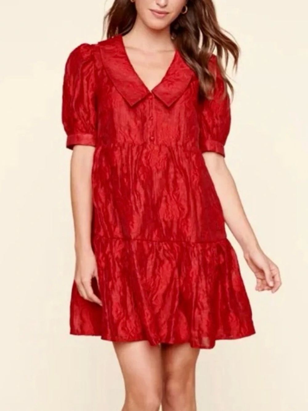 Sugarlips Red Kiki Puff Sleeve Collared Babydoll Textured Mini Dress Party Glam